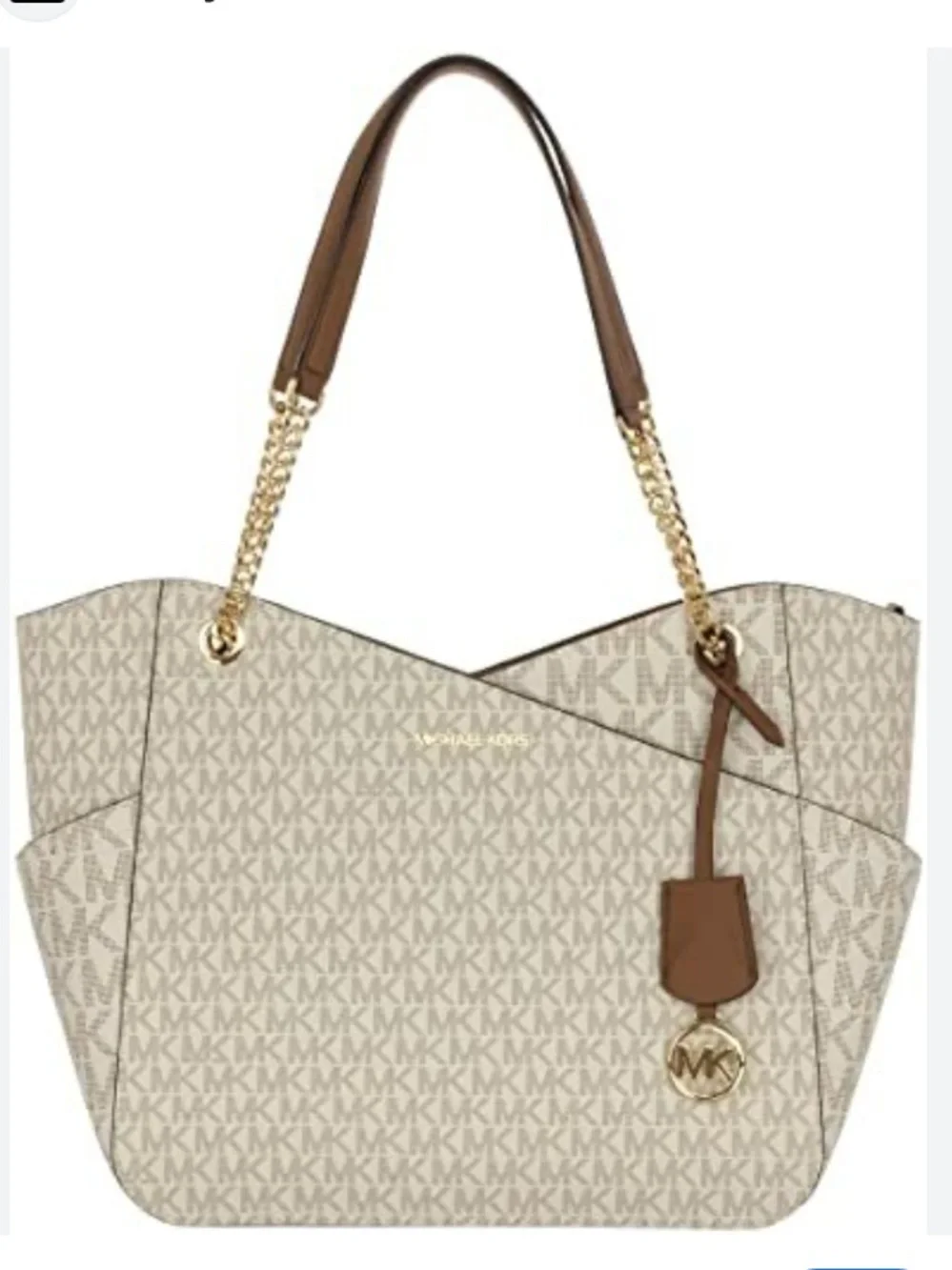 Michael Kors Jet Set Cream and Brown MK Signature Tote with Gold Hardware
